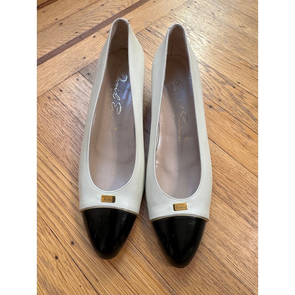 Vintage David Evins 1980s Italian Leather Cap Toe Block Heel Pumps 7.5AA